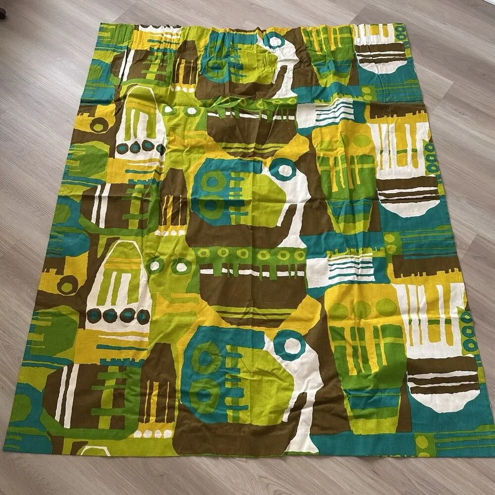 Vintage Mid Century Modern Green Abstract Print Heavy Cotton Curtains 60s 70s